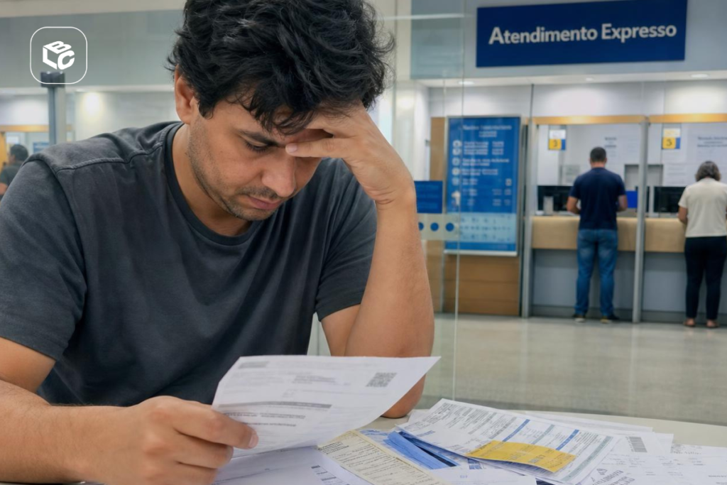 Homem preocupado com contas, pensando em como receber precatório 2026.
