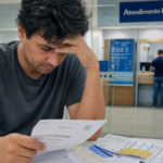 Homem preocupado com contas, pensando em como receber precatório 2026.
